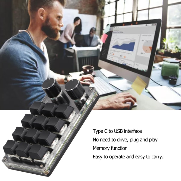 Programmerbar makro-tastatur 2 knotter blå bryter svart 12 taster mini tastatur med RGB for kontorspill musikk media