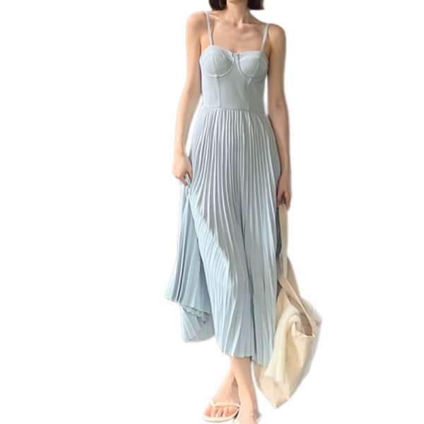 Hanji bund med snørebånd plisseret lang kjole (Haze Grey Blue L)
