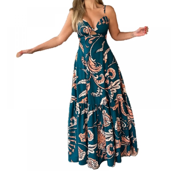Blomsterprint Spaghetti Strap Sundress V-hals kjole (blå L)