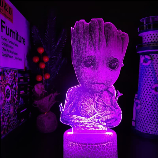 Guardians of The Galaxy Groot lampa 3D Illusion nattlampa, fjärrkontroll bordslampa, USB-laddare belysning heminredning för barn, födelsedagspresent