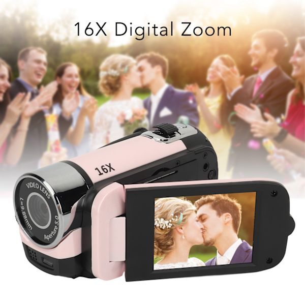 D90 1080P 16MP Digitalkamera 2,4 tum roterbar skärm Videokamera 16X zoom HD videobandspelare med fyllningsljus Pink