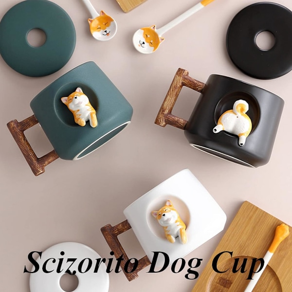Söt Hundpar Koppar, Keramisk Kaffekopp med Lock, Söta Tassar på Toppen av Skeden, Söt Shiba Inu Tredimensionell Design, med Matt Textur White Tail