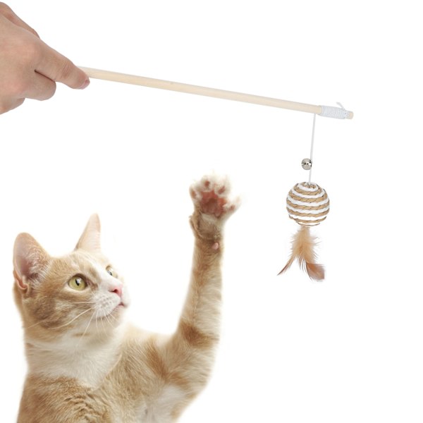 Trä katt leksak teaser stav med rund boll fjäder kattunge interaktiva leksaker