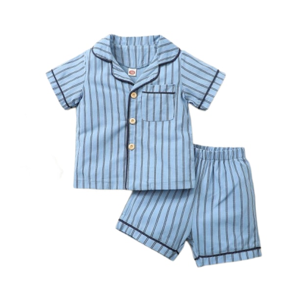 Randig pyjamas med kort ärm för små pojkar, M (ljusblå)