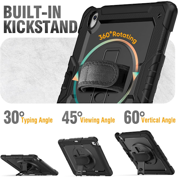 Etui for iPad Air 13 tommer (M3 2025) & (M2 2024), Sh0ckproof Design med Blyantholder/Skjermbeskytter/Roterende Håndstropp, Beskyttelse Black New iPad Air 13 20242025