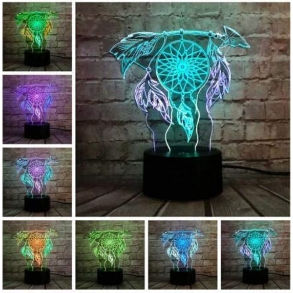 Dream Catcher 3D LED Nattljus Dubbel färgglad fjäder Circu