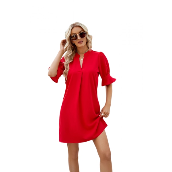 Halsad kortärmad midiklänning Casual Loose Shift Dress (röd L)