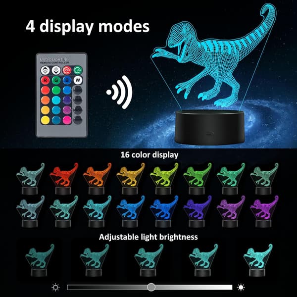 3D Dinosaurus Yövalo Lapsille, 16 Väriä, Optinen
