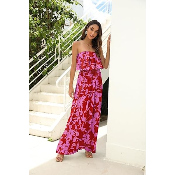 Dam Sommar Off Shoulder Maxiklänning Volang Axelbandslös Blå Vit Porslin Boho Ledig Lång Klänning L
