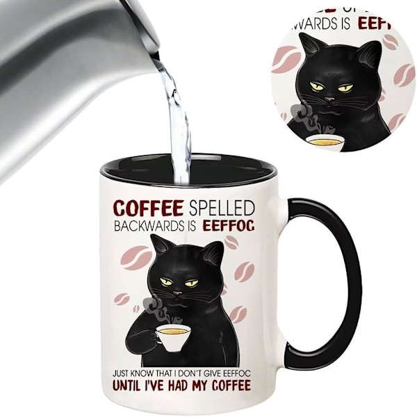 Krus med svarte katter, Kaffe stavet baklengs er Eeffoc krus, Kaffe krus for katteelskere 11oz, Morsomme katte-nyhetsgaver til kvinner og menn, Keramisk tekopp for kaffe, te Style 2