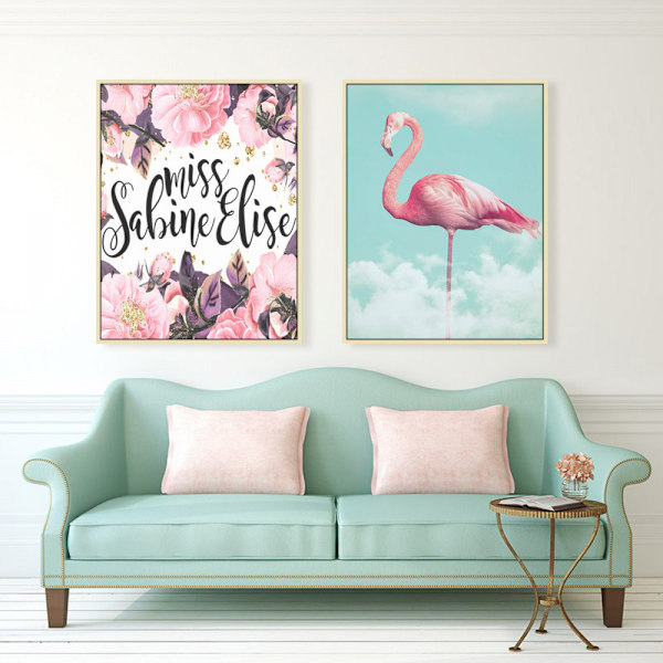 Konstnärliga blommor och flamingos väggkonst canvas tryck affisch, enkel modekonst