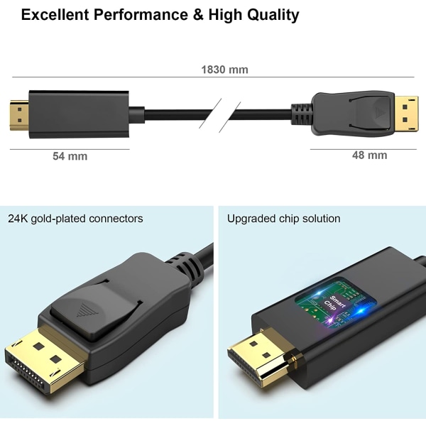 DisplayPort til HDMI 6 fot gullbelagt kabel, Avacon Display Port til HDMI-adapter hann til hann svart (4K*2K )