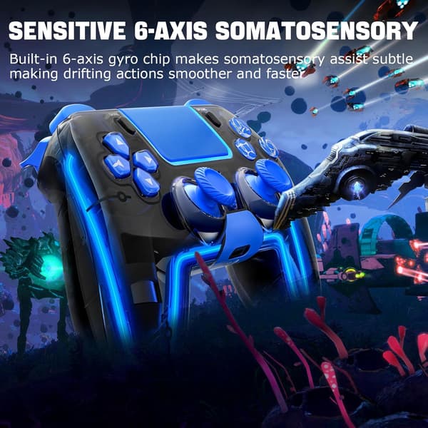 Trådløs PS4-controller med Hall 3D-joysticks/RGB LED-lys/programmeringsfunktion, PS4-controller fjernbetjening joystick gamepad, spilcontroller til PS4/Slim/P Blue