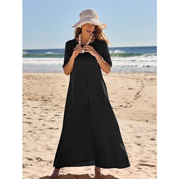 Dame 2025 Forår Sommer Afslappet Maxikjole Strandferie Kortærmet Rund Hals Basic Lang T-shirt Kjoler XL