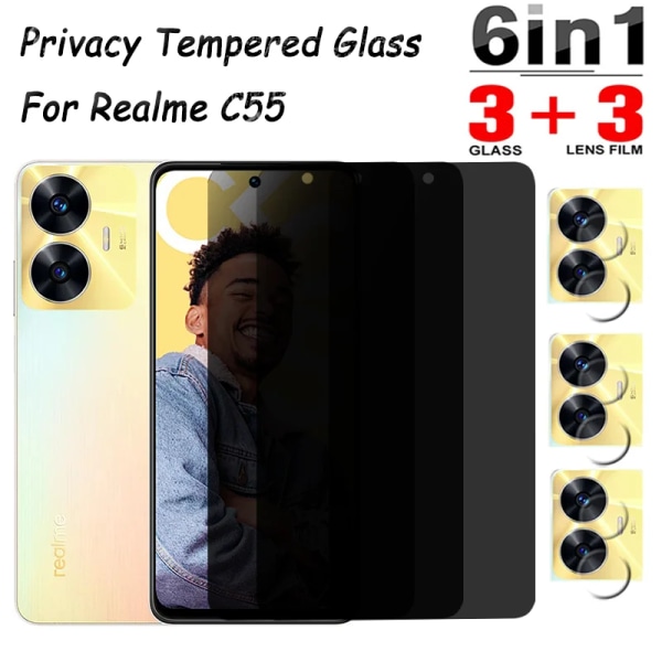 6IN1 Sekretesshärdat glas för Realme Realme C55 Kameraskydd