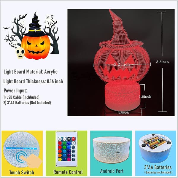 3D Illusion Natlampe, 3D LED Bordlampe, 16 Farver Opt