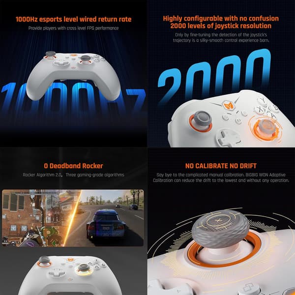PC-controllere, BIGBIG WON Gale trådløse controllere, bevægelsessigte, Hall-aftrækker, 4 brugerdefinerede knapper, PC-app-spilcontrollere til Switch/PC/iOS/Android White