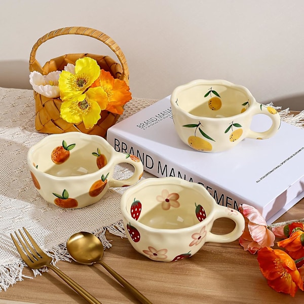 Keramisk kaffemugg, söt blommig fruktkopp, parmuggar 250 ml för Latte Te Mjölk, lämplig för mamma på mors dag Cream Yellow