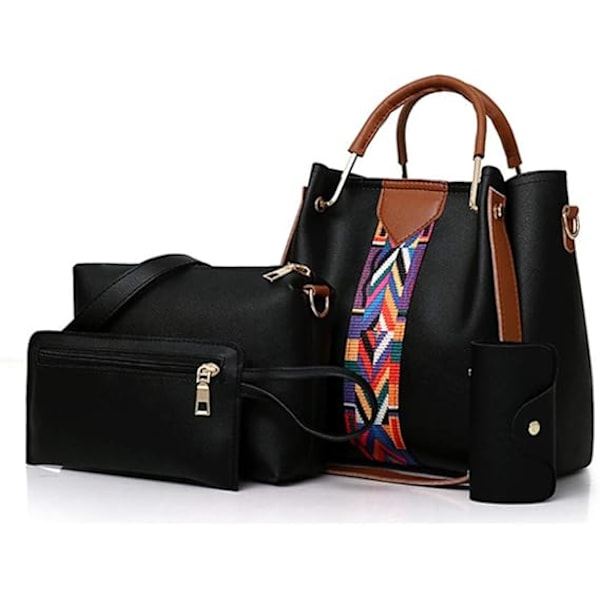 Dames Handtas Set 4 in 1 Zacht PU Leer Top Handvat Tas, Tote Tas, Schoudertas Crossbody Tas Portemonnee Portemonnee Set Black