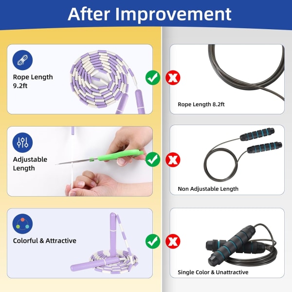 Hoppetov - Segmenteret blødperlet springtov - Justerbar, knækfri hoppetov til børn, mænd og kvinder - Til træning, vægttab, fitness og træning 3PCS Purple