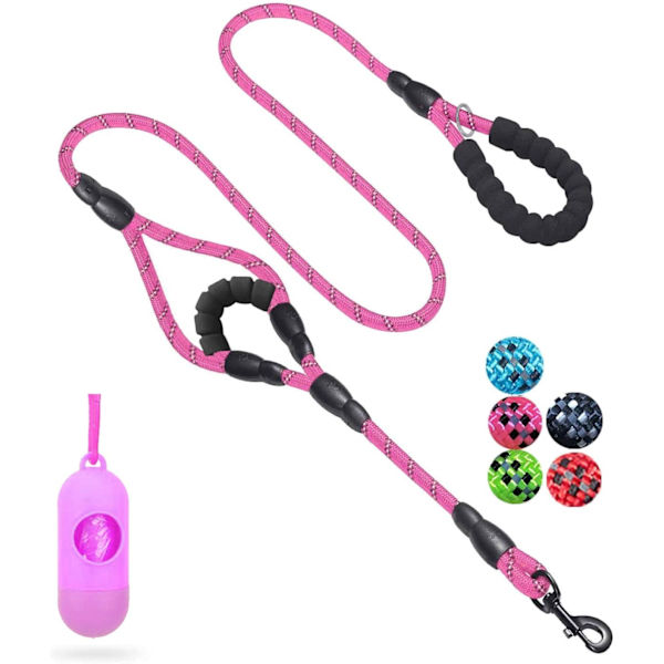 Hundehalsbånd, 5 FT Heavy Duty Dobbelthåndtak Hundehalsbånd med Komfortabel Polstret og Reflekterende, Tau Hundehalsbånd for Små, Mellomstore, Store Hunder (Tau-Rosa) Pink Large,Medium,Small