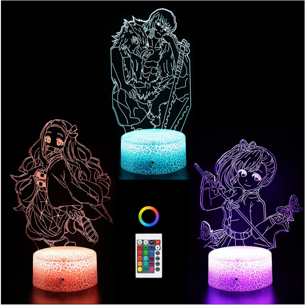 Demon Nattlampor, 3D Illusion 16 Färger Bordlampa med Touch & Fjärrkontroll, Batteri & USB-driven Slayer (Karaktär * 3)
