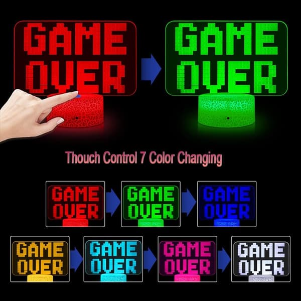 Gaming Lampe Game Over Nattlys 3D Illusjonslamper, Dimbare