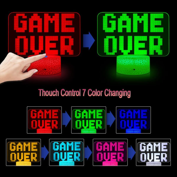 Gaminglampa Game Over Nattlampa 3D Illusion Lampor, Dimbar