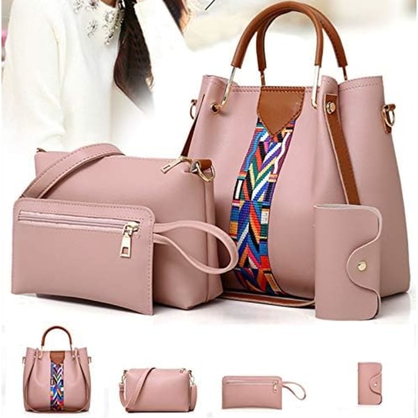 Dames Handtas Set 4 in 1 Zacht PU Leer Top Handvat Tas, Tote Tas, Schoudertas Crossbody Tas Portemonnee Set Pink