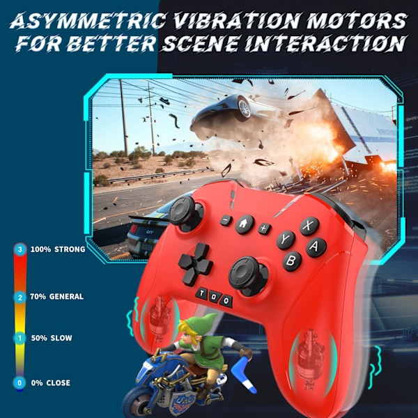 Bluetooth-kontroller for Switch/PC/Steam/Apple Arcade MFi-spill osv., Switch Pro-kontroller trådløs med justerbar dobbeltbevegelse, Turbo, makroer, 6-akser Red