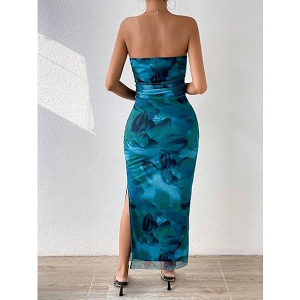 Sommerkjole til kvinder med print, stropløs tube top kjole, bodycon maxikjole med sideslids og lag af mesh M
