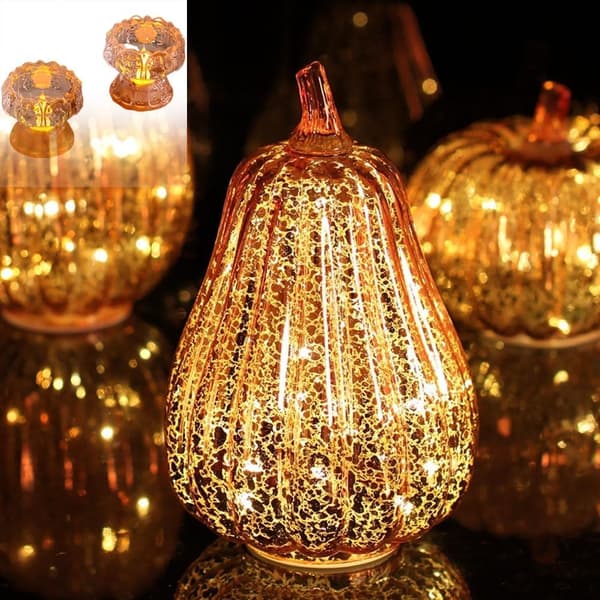 Græskar LED-lys i guld krakeleret glas med timer – Indendørs/Udendørs efterårs- og Halloween-fest midtpunkt Fat Pumpkin Shape
