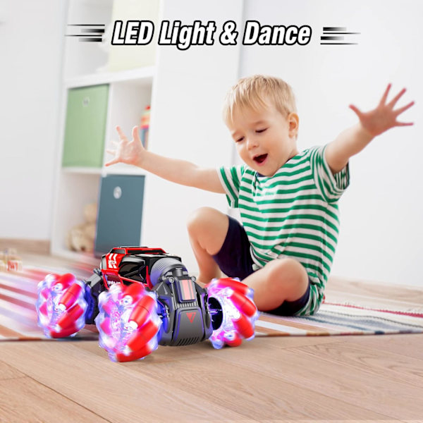 LED-kauko-ohjattava auto, 4WD 2,4 GHz eleohjauksella varustettu stunt-auto, kaksisuuntainen 360° pyörivä muuntautuva maastoauto valolla, leluautot pojille ja tytöille Red