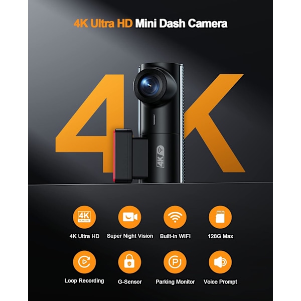 Dash Cam 4K WiFi 2160P Bilkamera, Dashkamera för bilar, Mini Front Dashcam för bilar med nattseende, Loop-inspelning, G-sensor, 24H parkeringsövervakning,