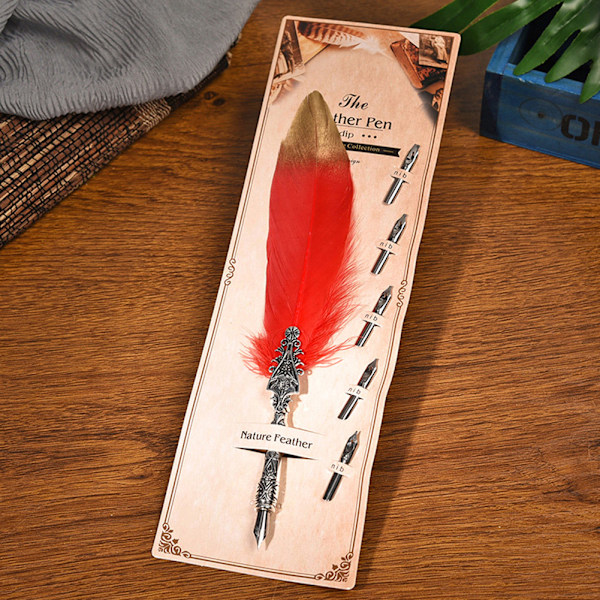 Europæisk Retro Fjer Dip Pen Legering Nibs Kalligrafi Skrivepen Gave (Rød)