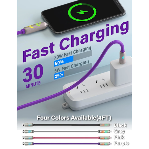 240W 4-i-1 USB-C-kabel, Multiladerkabel med pustelys, PD 5A Multi Rask lading & Datasynkronisering Silikon Kompatibel for iPhone Samsung Laptop Purple 1m