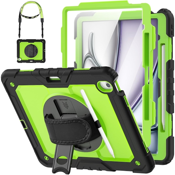 Cover til iPad Air 13 tommer (M3 2025) & (M2 2024), Sh0ckproof Design med Pencil Holder/Skærmbeskytter/Roterende Håndrem, Beskyttelse Green New iPad Air 13 20242025