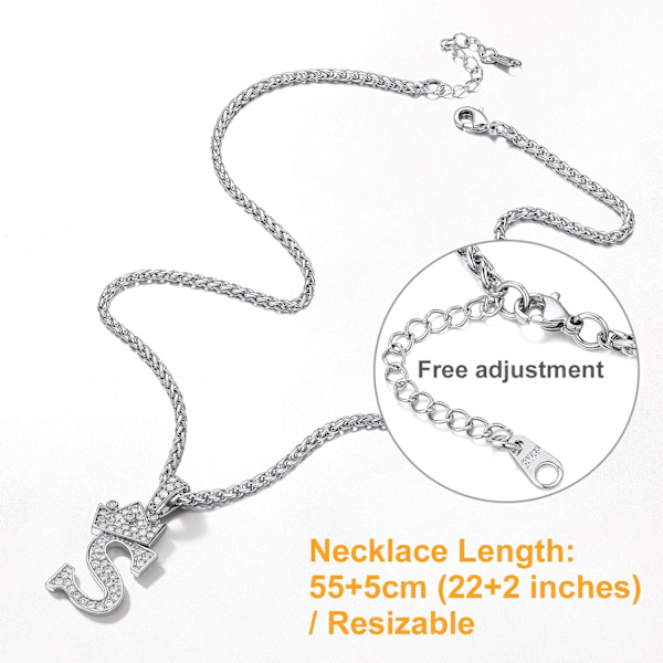 Krone Initial A-Z Halskjede, Iced Out Bokstavanheng med 22-24 Tommers Kjede, Menn Kvinner Bling Hip Hop Alfabet Navn Smykker Gave Store Initialer Halskjeder S Silver