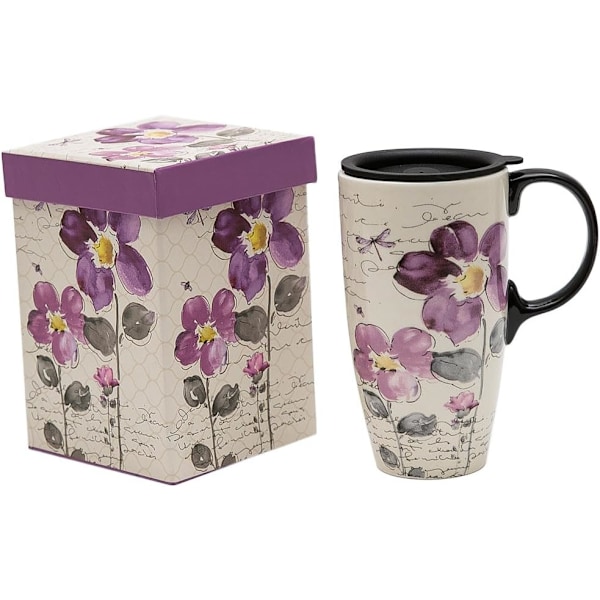 Hög Keramisk Resemugg 500 ml Kaffekoppar Förseglat Lock Med Färgbox purple flower