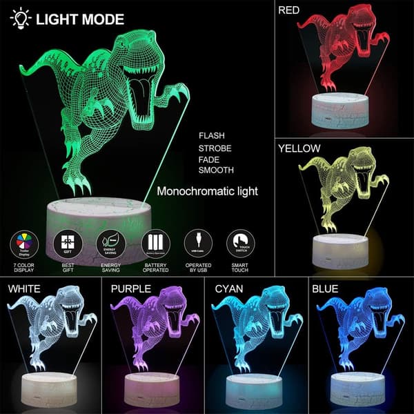 3D Dinosaur Optisk Illusjon Nattlys 16 LED Farge Changi