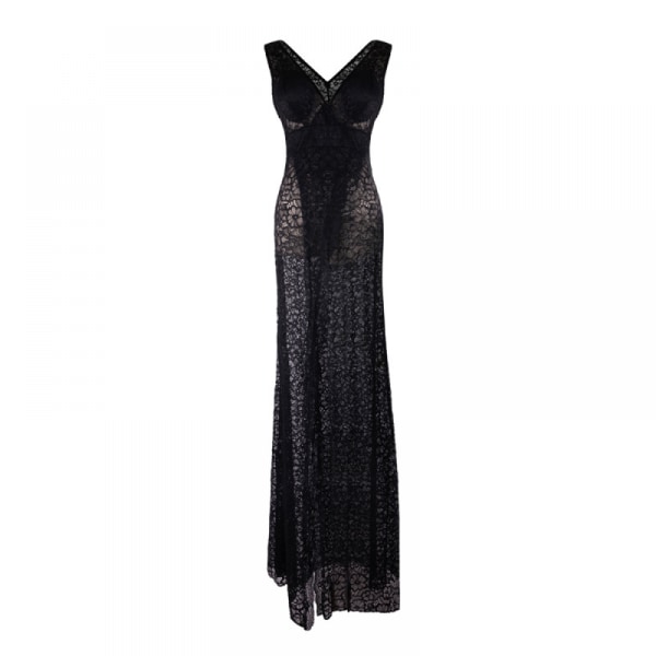 Transparent Hollow Long Deep V-Neck Perspective Dress(Svart L)