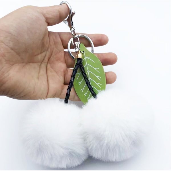 Pom Pom Nøkkelring Kunstig Pels Ball Nøkkelringer Fluffy Tote Anheng Bil Veske Sjarme Cherry White