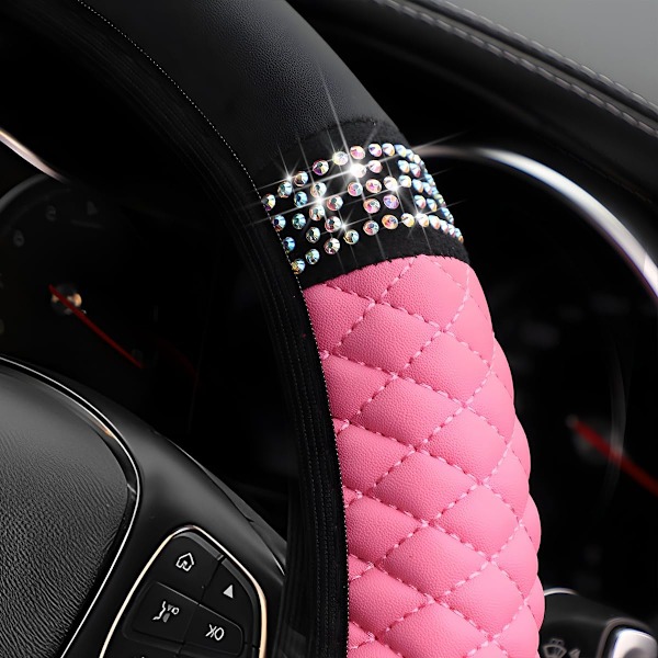 Bling Bilrattsskydd, 15 Tum Strass Mjukt Läder Elastiskt Ratt Skydd, Glittrande Kristall Diamant för Kvinnor Pink