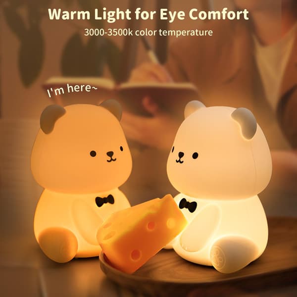 LED Bamse Natlampe, Sød Kawaii Silikone Lampe til Børneværelset - Genopladelig USB Touch Control, Dæmpbart Blødt Lys, Perfekt til