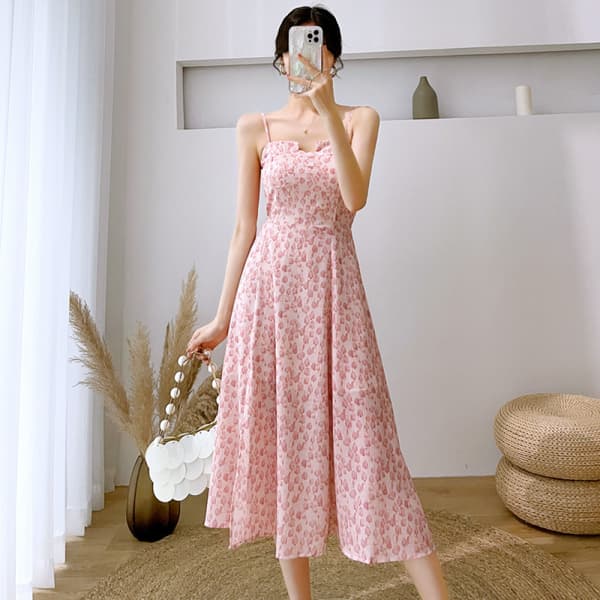 Ærmeløs Chiffon Stroptop Kjole til Kvinder (Pink M)