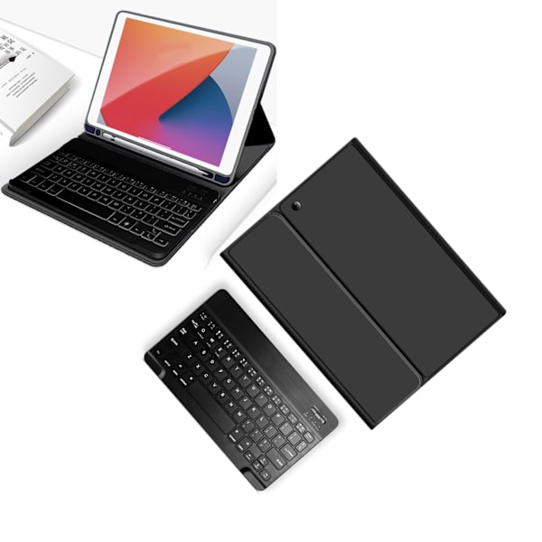 Tangentbord för surfplatta, magnetiska genvägsknappar, stativ, pennhållare, exakt fodral, trådlöst tangentbord för IOS-surfplatta 10,2 tum, svart fodral och svart tangentbord