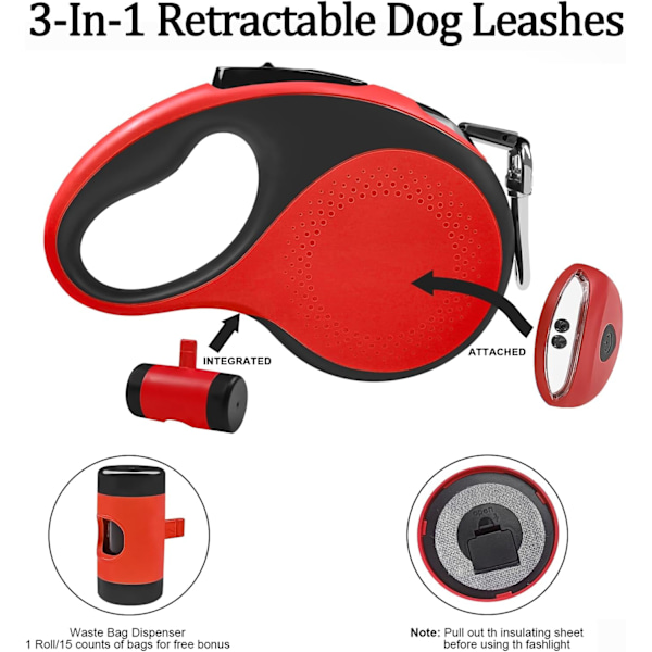 Inntrekkbar hundekobbel med avfallsposebeholder og lommelykt, 26 fot hundekobbel for små, mellomstore og store hunder opptil 110 pund, en knappbryter og lås, 3 26ft red Large