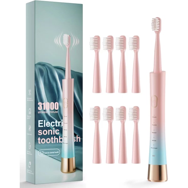 Gradient Genopladelig Sonisk Elektrisk Tandbørste til Voksne, 5 Tilstande med Smart Timer, 8 Udskiftelige Børstehoveder med Bløde Børstehår, Perfekt til Hjemmet, Rejser Pink