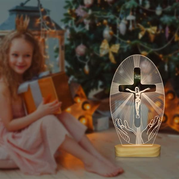 3D Illusionslampe Jesus Kors Natlampe, USB-strøm Varm Farve