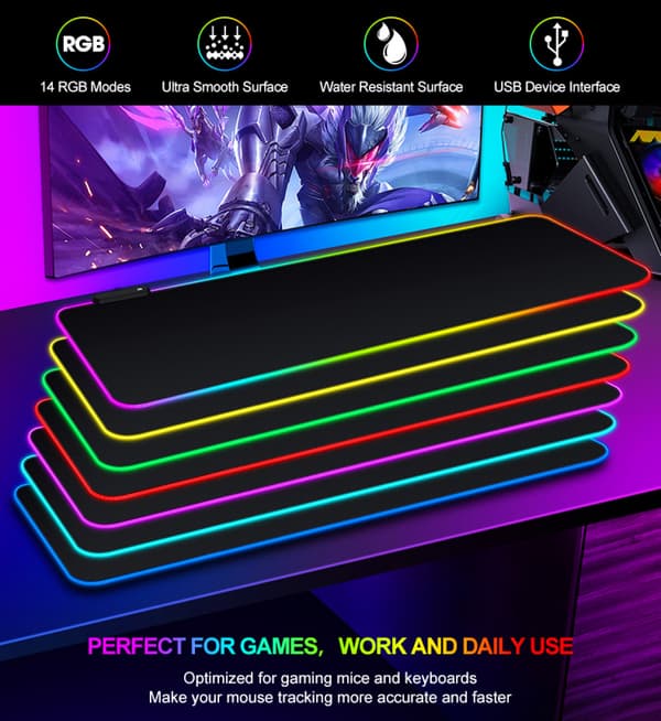 Lysende musematte RGB Oversized musematte Stor skrivebordspute LED spill sports